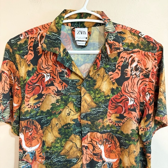 Zara Vibrant Tiger Print Casual Short Sleeve Button Down Shirt - Picture 6 of 16